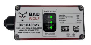 Bad Wolf SP3P480VY 480Y/277V Type 1 three-phase surge protector with three green phase status LEDs