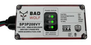 Bad Wolf SP3P208VY 208Y/120V Type 1 three-phase surge protector with three green phase status LEDs