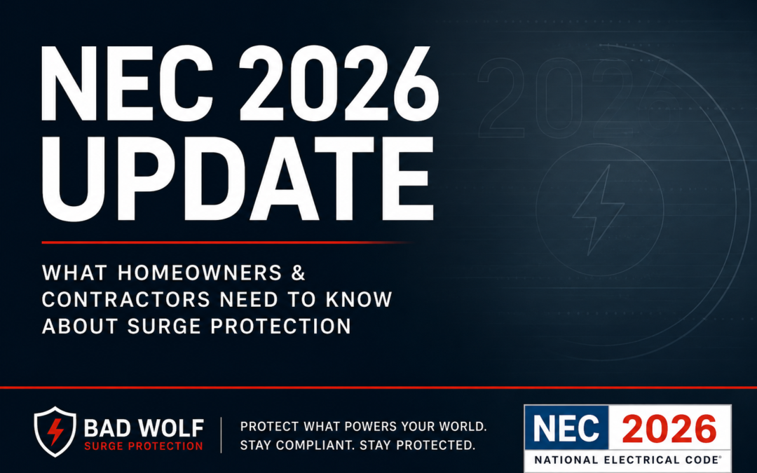 NEC 2026 update graphic for surge protection showing what homeowners and contractors need to know