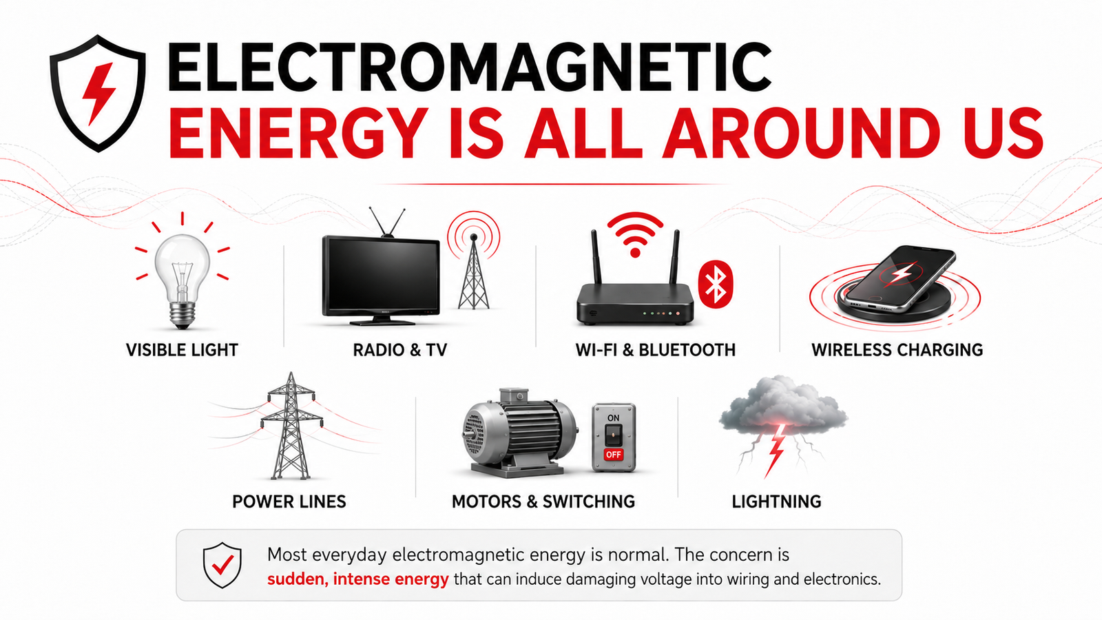 Examples of everyday electromagnetic energy including visible light, radio, Wi-Fi, wireless charging, power lines, motors, and lightning