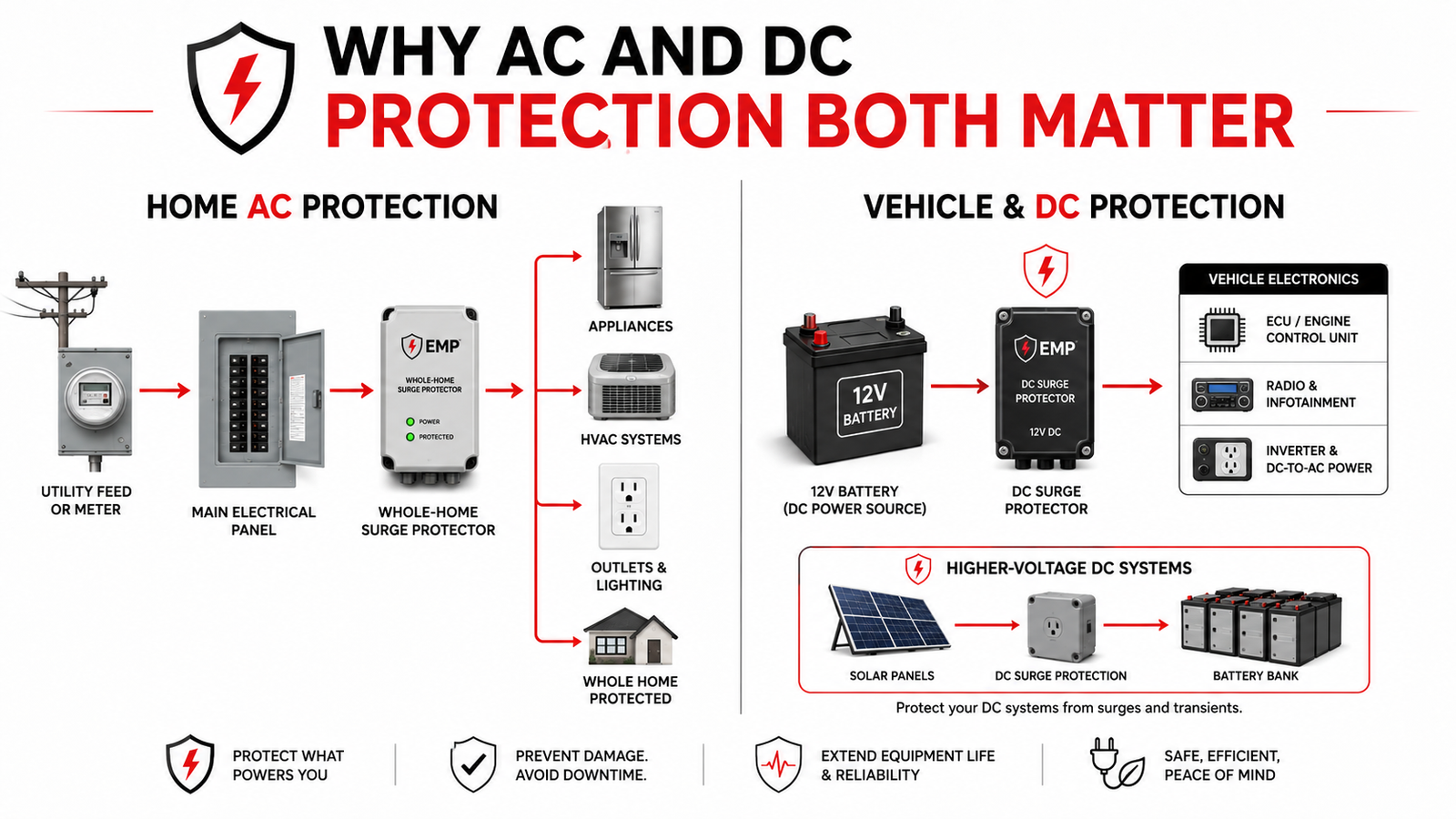 Diagram showing why AC surge protection for homes and DC surge protection for vehicles both matter